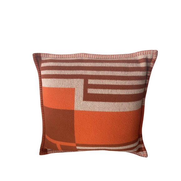 Hermes Paris Orange & Brown Geometric Wool & Cashmere Pillow Cover - Picture 1 of 5